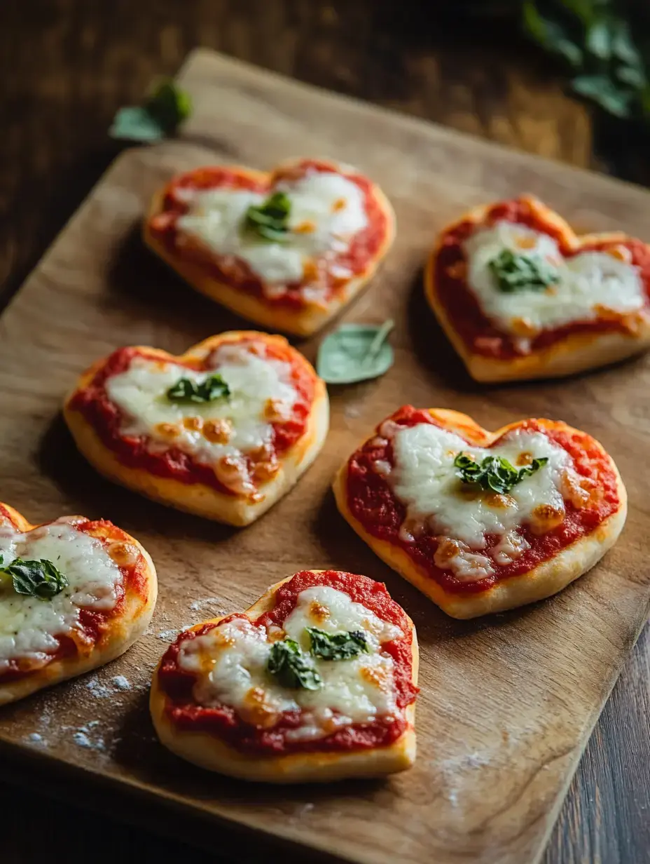 Heart-shaped pizzas topped with cheese and tomato sauce are arranged on a wooden cutting board.