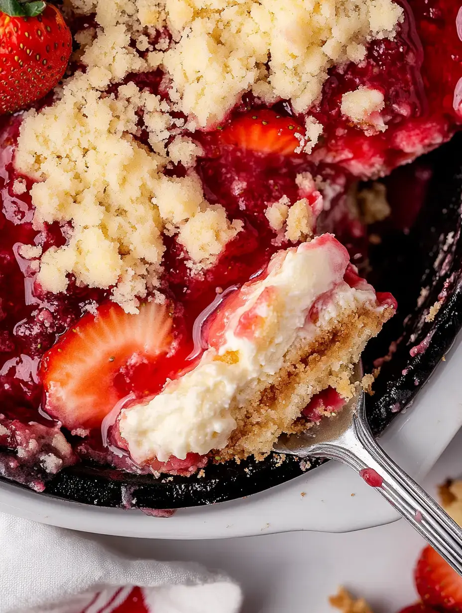 A close-up view of a dessert featuring strawberries, a crumbly topping, and creamy layers, with a forkful showing its texture.