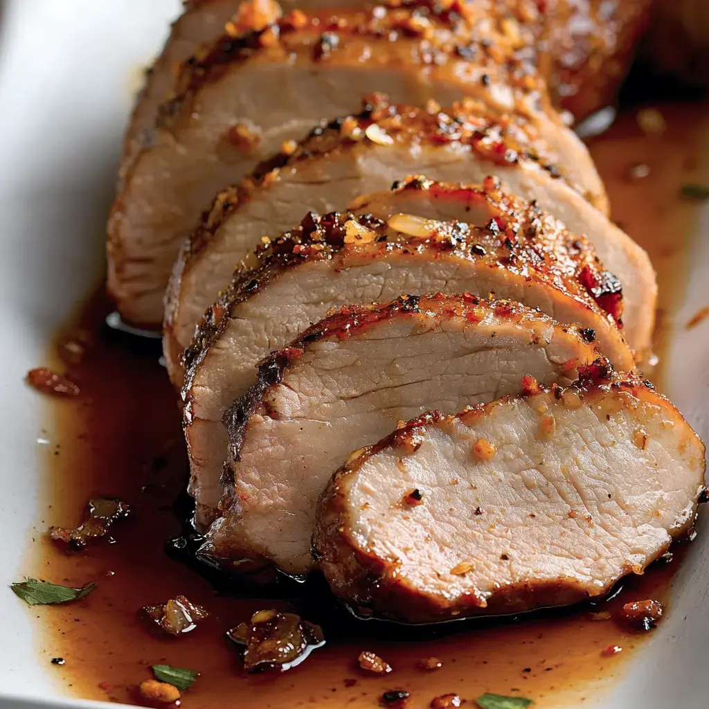 A close-up of sliced, glazed pork tenderloin drizzled with sauce and garnished with spices.