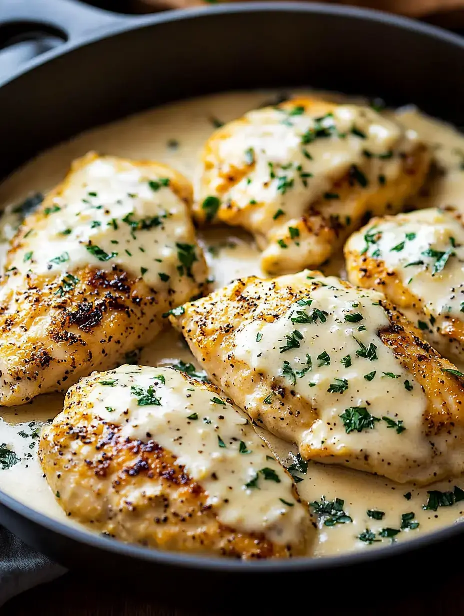 A skillet filled with tender grilled chicken breasts topped with creamy white sauce and garnished with chopped parsley.