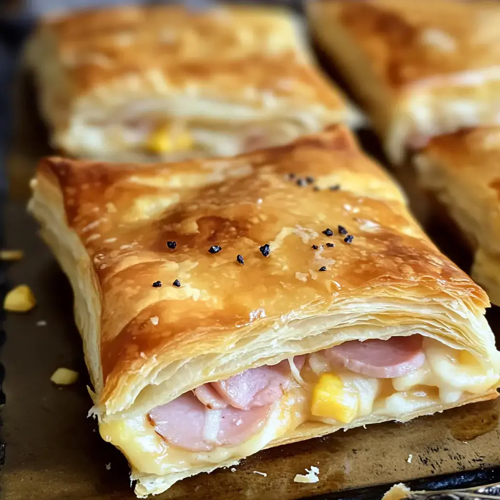 A flaky pastry filled with ham, cheese, and corn, with a golden-brown crust, is displayed on a baking sheet.