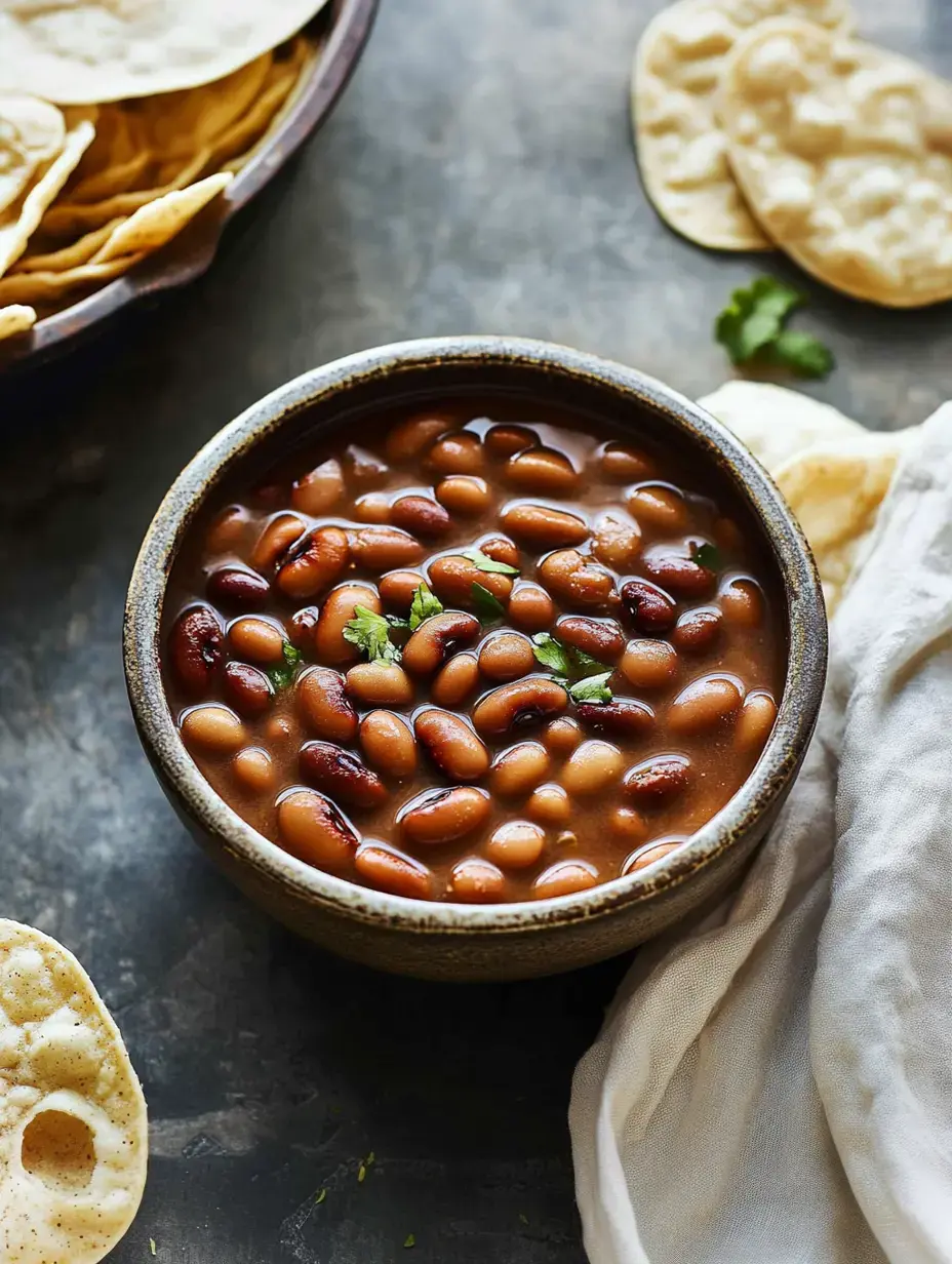 A bowl of cooked red and brown beans garnished with cilantro, accompanied by a plate of crispy snacks, rests on a textured surface.