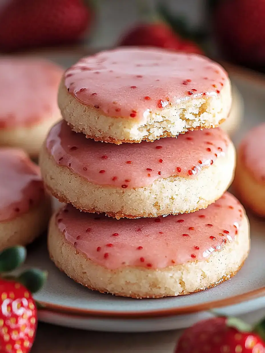 A stack of three round cookies with pink icing adorned with red specks, surrounded by fresh strawberries.