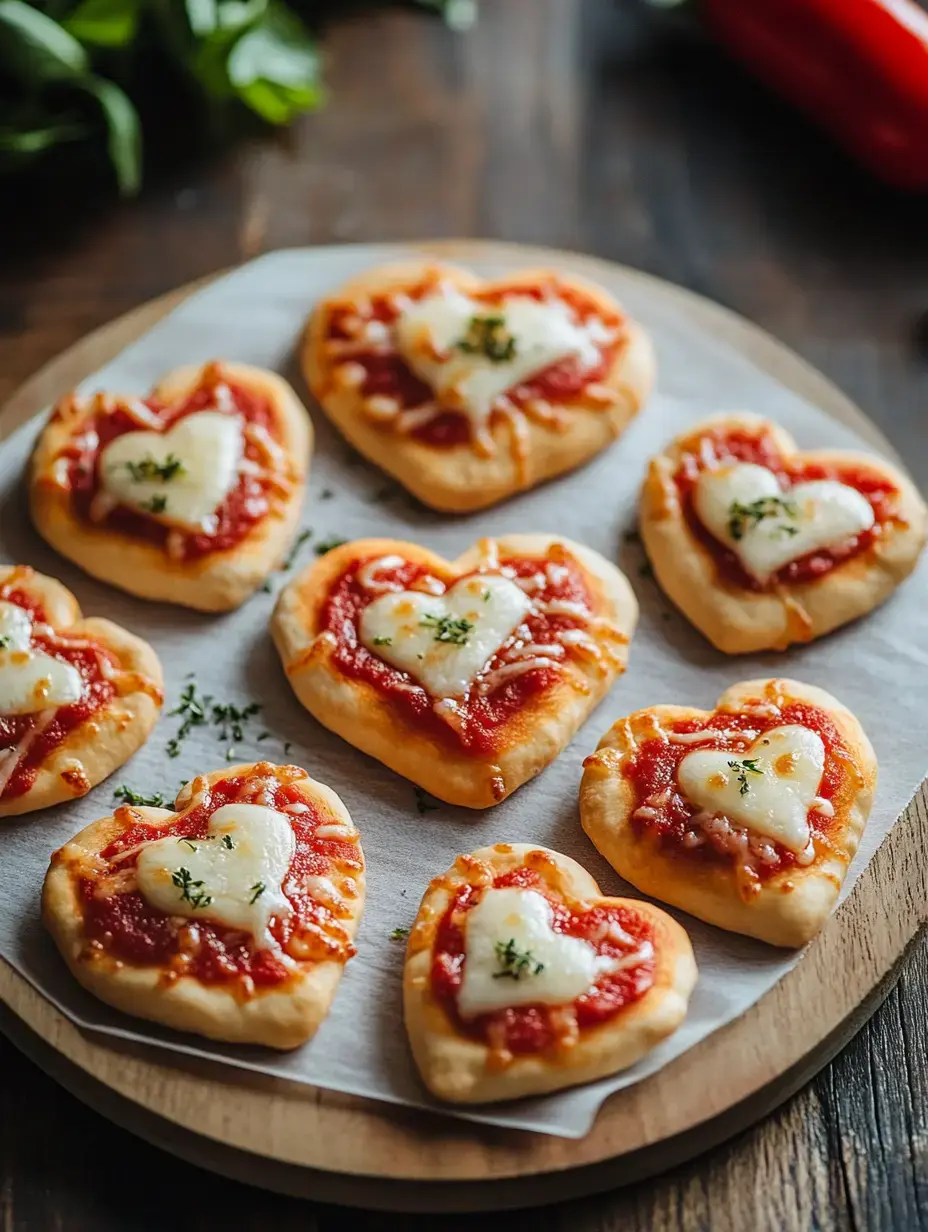 A wooden platter holds heart-shaped mini pizzas topped with tomato sauce, cheese, and herbs.