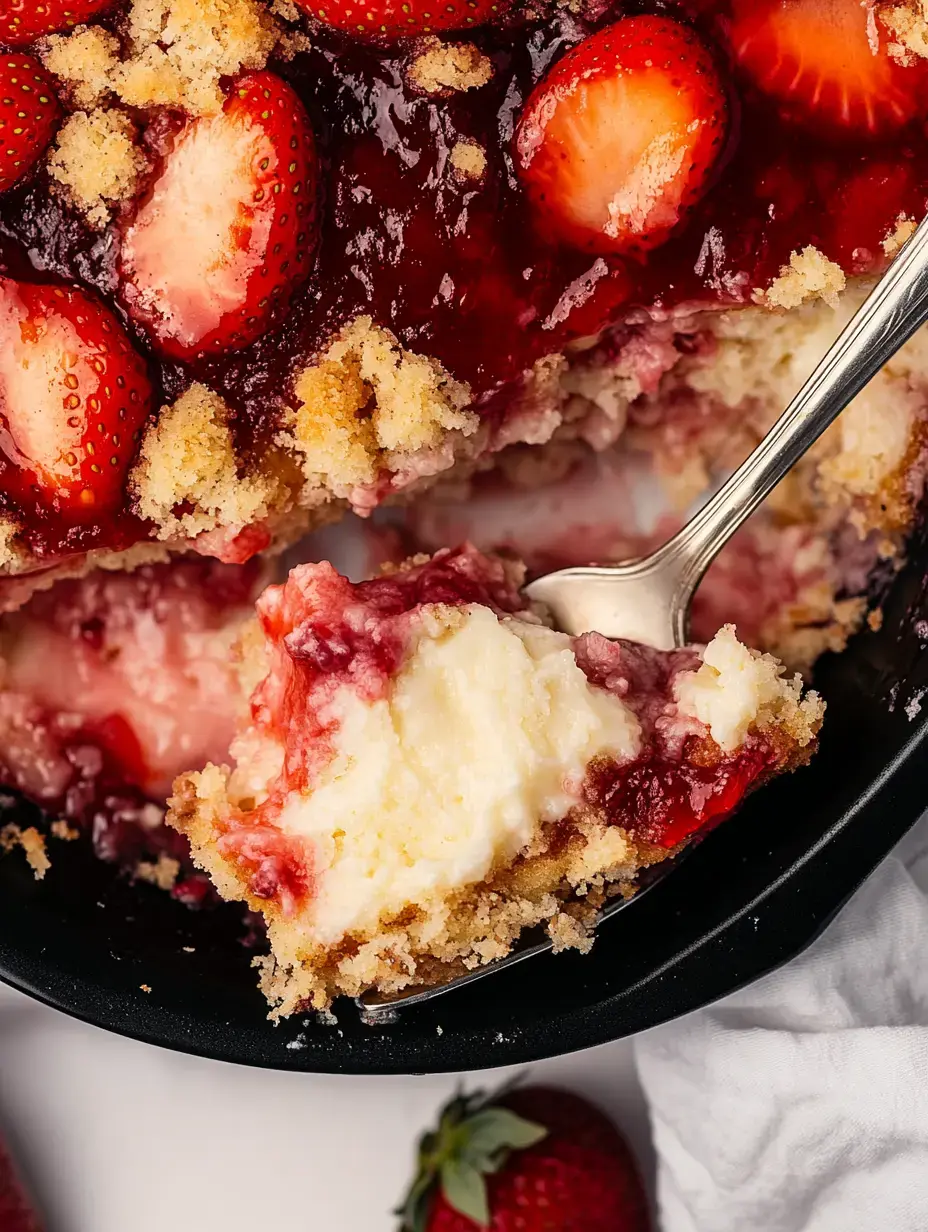 A close-up of a strawberry dessert with a spoonful taken out, showcasing layers of cream and fruit topping.