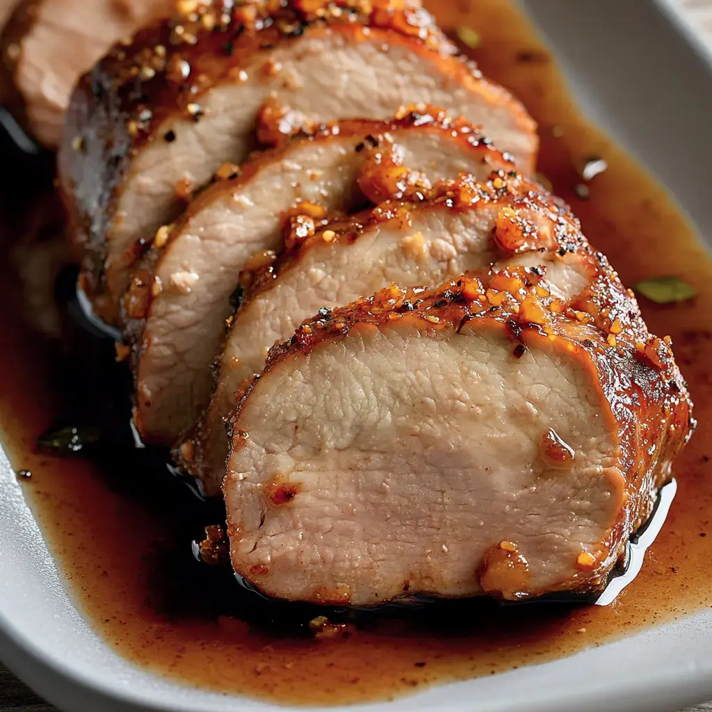 Sliced, glazed pork tenderloin is arranged on a gray plate, sitting in a savory sauce.