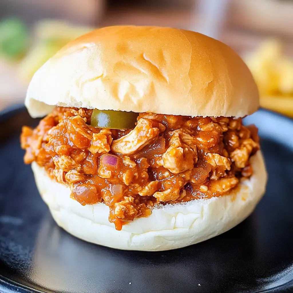 A close-up of a bun filled with a hearty chicken mixture in a tangy sauce, garnished with green peppers.