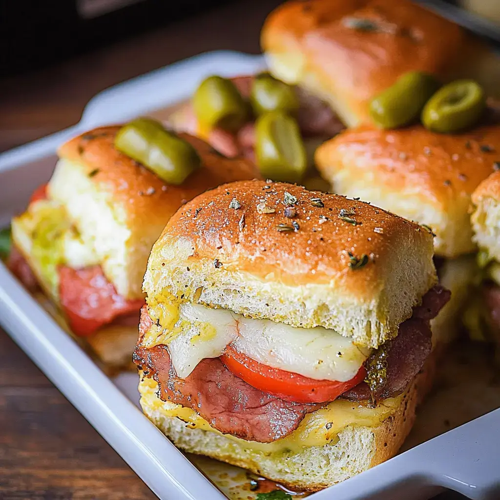 A close-up of a tray filled with savory sliders made of soft bread, layered with meats, cheese, and garnished with pickled peppers.