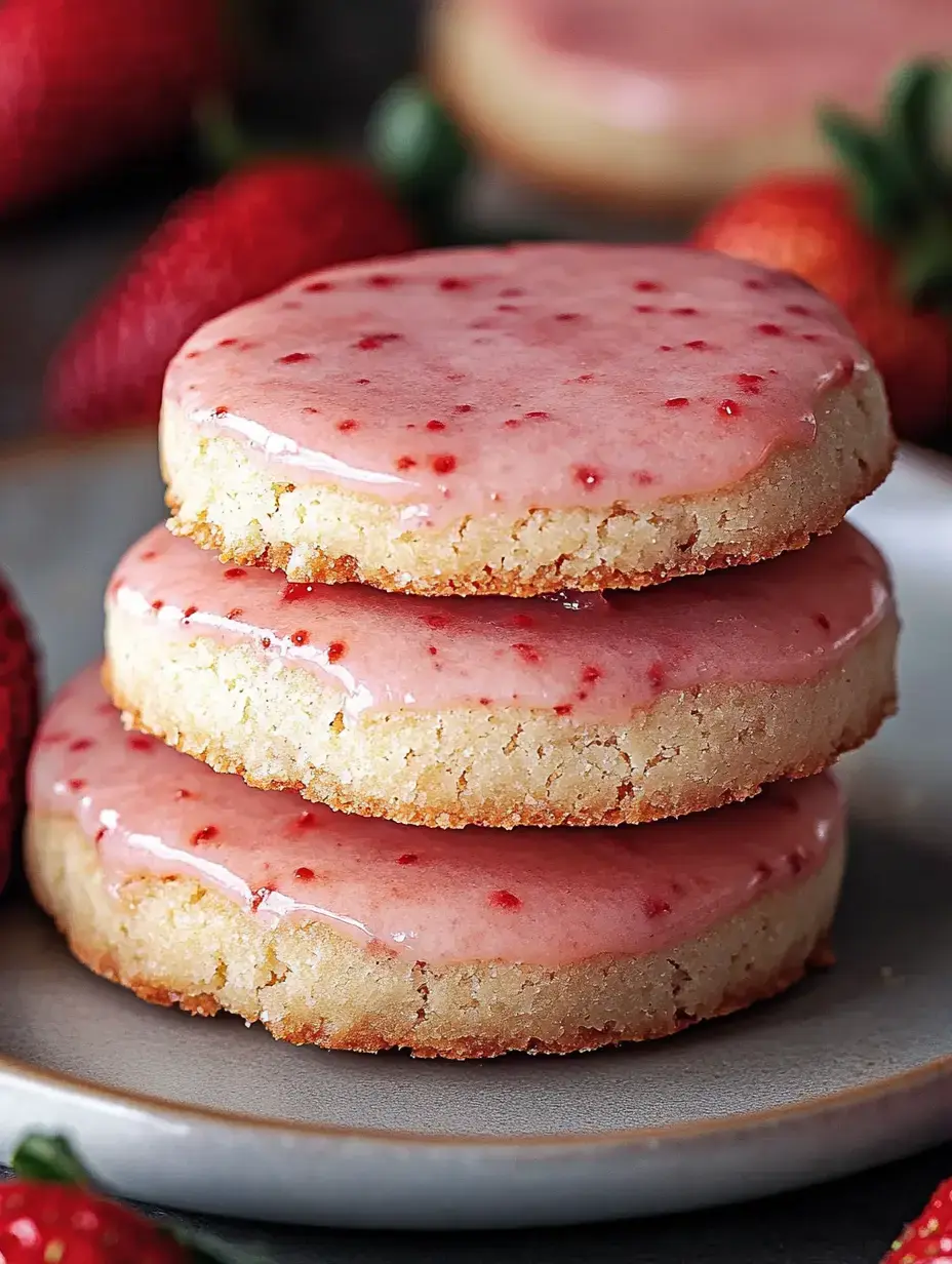 Three frosted strawberry cookies are stacked on a plate, surrounded by fresh strawberries.