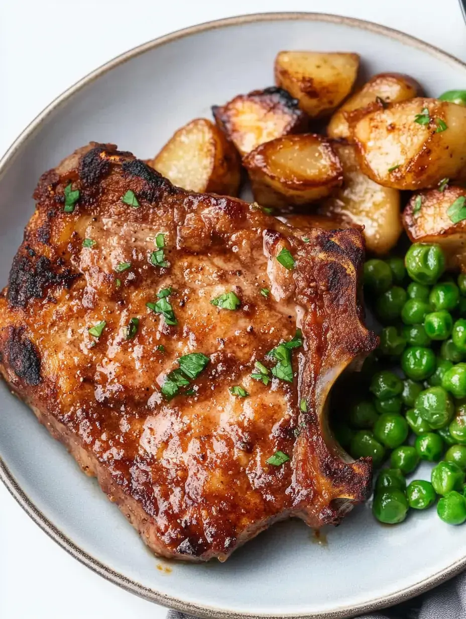 A plate features a grilled pork chop garnished with parsley, accompanied by roasted potatoes and green peas.