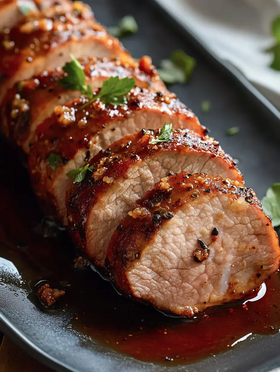 A beautifully sliced and glazed pork tenderloin is arranged on a dark platter, garnished with fresh herbs.