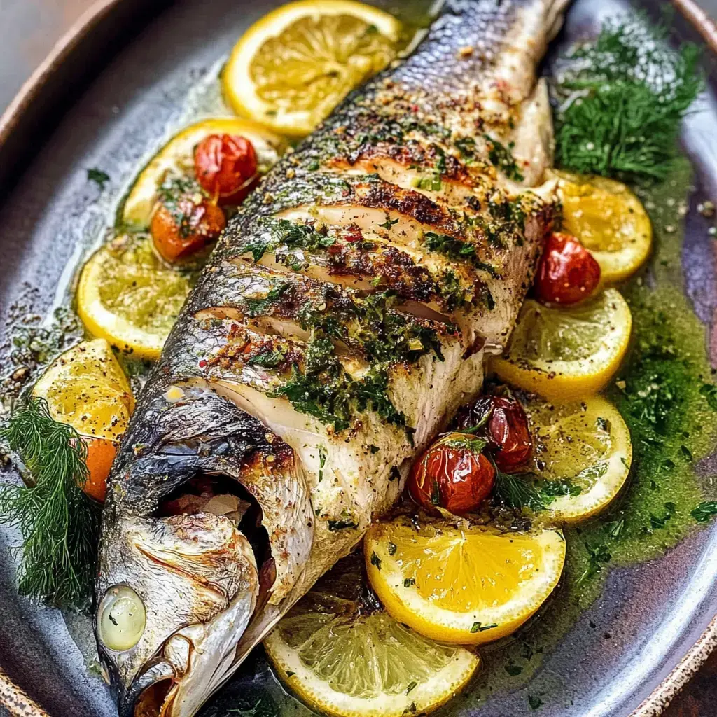 A beautifully presented whole fish garnished with herbs, surrounded by lemon slices and cherry tomatoes on a decorative platter.