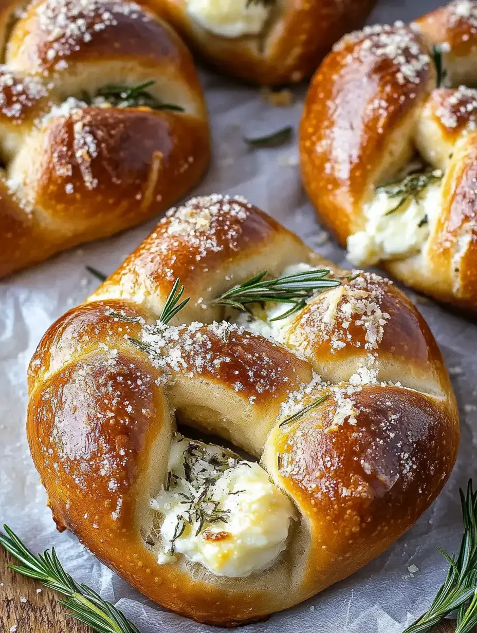 A close-up of freshly baked pretzel knots filled with cream cheese, topped with rosemary and coarse salt.