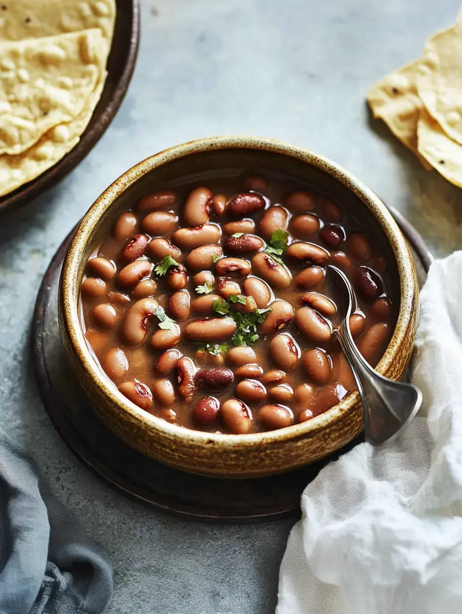 A bowl of mixed beans in a savory broth, garnished with cilantro, is accompanied by folded tortillas on the side.