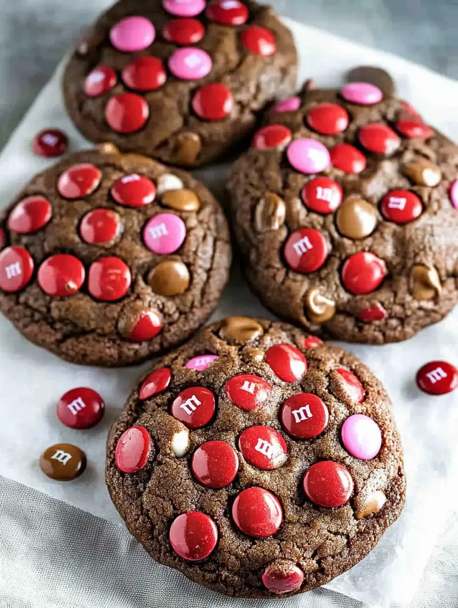 A close-up of chocolate cookies topped with colorful red, pink, and brown candy-coated chocolates.