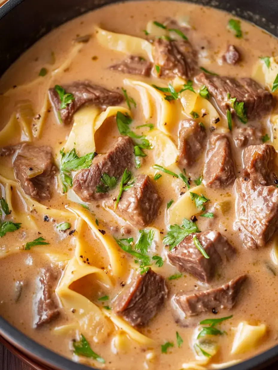 A creamy beef stroganoff with tender chunks of meat and wide noodles, garnished with fresh parsley.