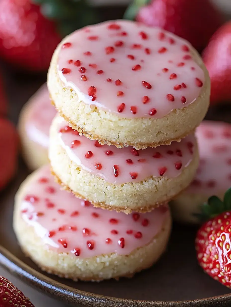 A plate of stacked cookies with pink icing and red sprinkles, surrounded by fresh strawberries.