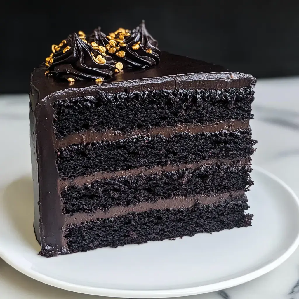 A slice of rich chocolate cake with dark frosting and decorative golden sprinkles on top, showcasing multiple layers of chocolate sponge and filling.