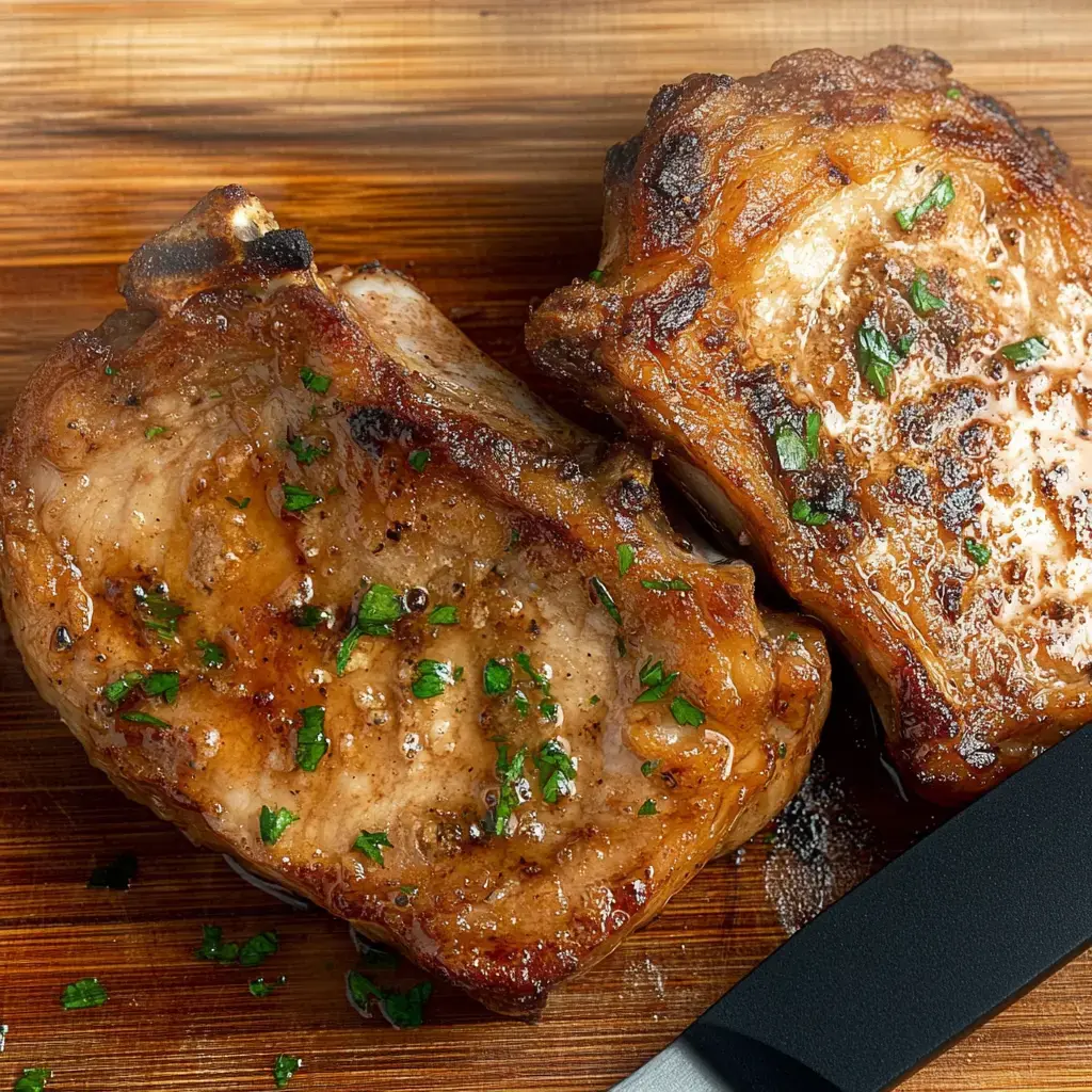 Two grilled pork chops garnished with fresh parsley, positioned on a wooden cutting board beside a knife.