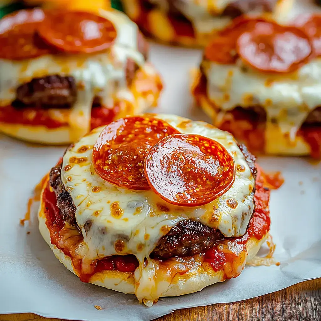 Three cheese-topped hamburger patties with pepperoni and marinara sauce on a white plate.