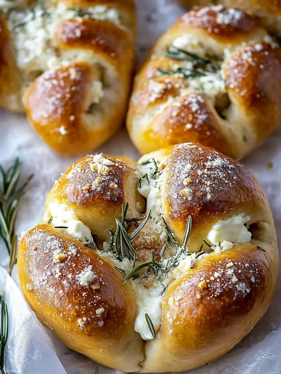 A close-up image of freshly baked, golden-brown rolls topped with rosemary and sprinkled with cheese.