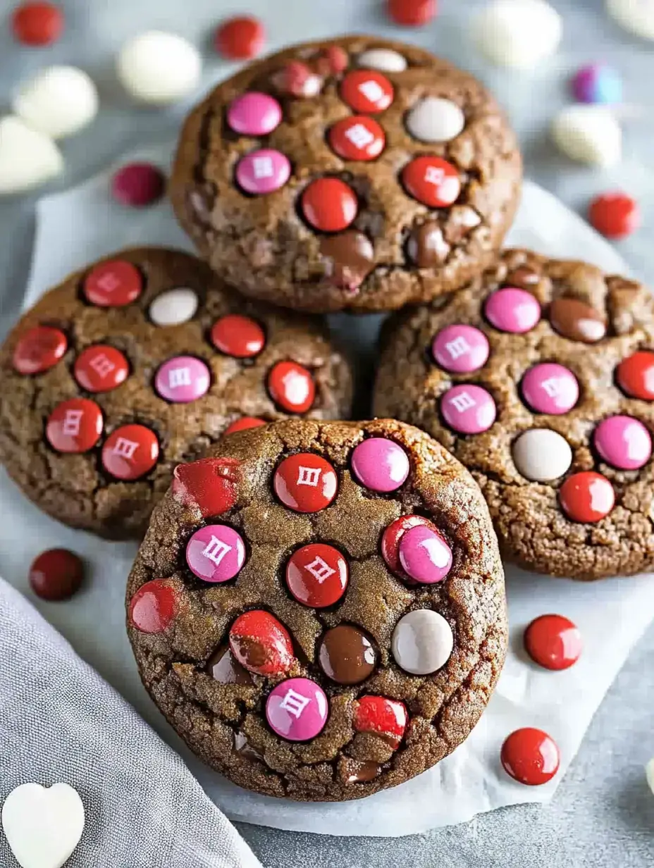 A close-up of four chocolate cookies topped with colorful candy pieces, surrounded by additional candies on a gray background.