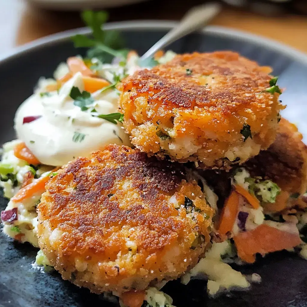 A close-up of three golden-brown fish cakes served on a bed of creamy coleslaw with a dollop of sauce.