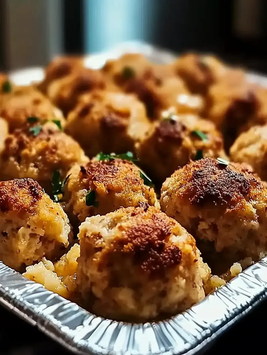 A close-up of golden-brown, breaded meatballs garnished with parsley, served in a foil tray.