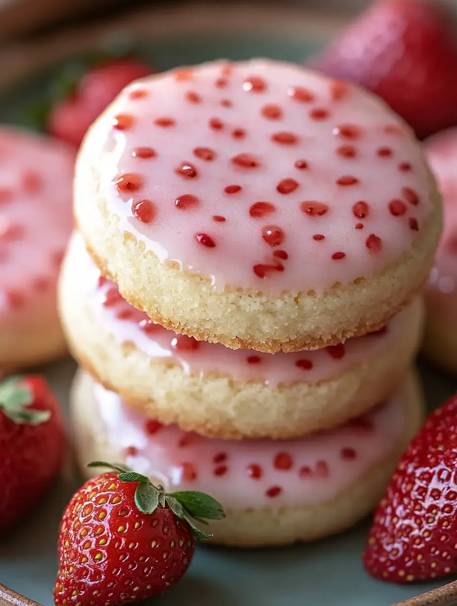 A stack of three round cookies with pink frosting topped with red dots, surrounded by fresh strawberries.