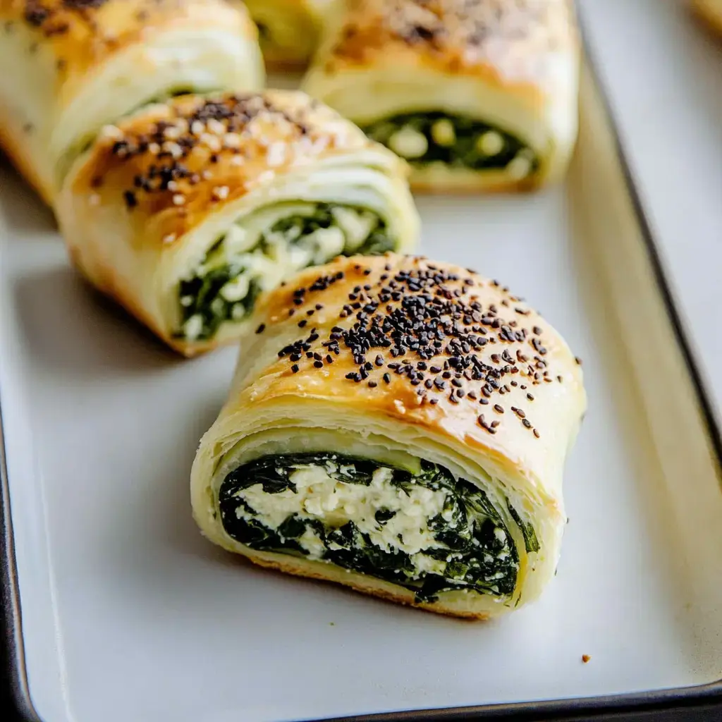 A close-up view of freshly baked spinach and cheese pastries, with a flaky golden crust and topped with nigella seeds.