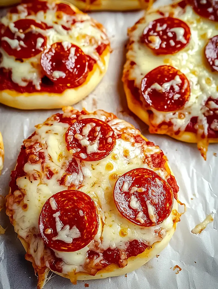 A close-up of several mini pepperoni pizzas topped with melted cheese on a baking sheet.