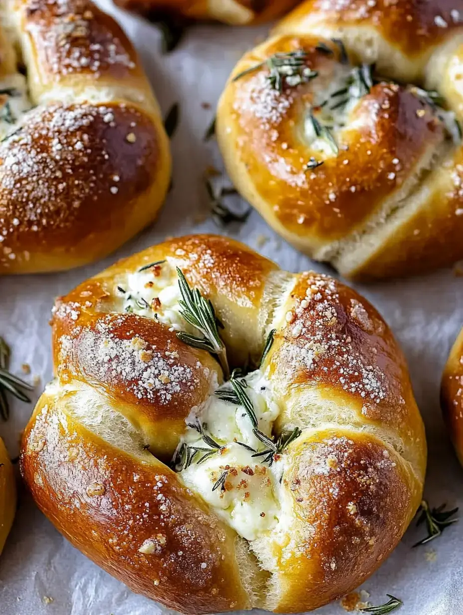 A close-up image of soft, golden-brown rolls filled with creamy cheese and topped with fresh rosemary and a dusting of flour.