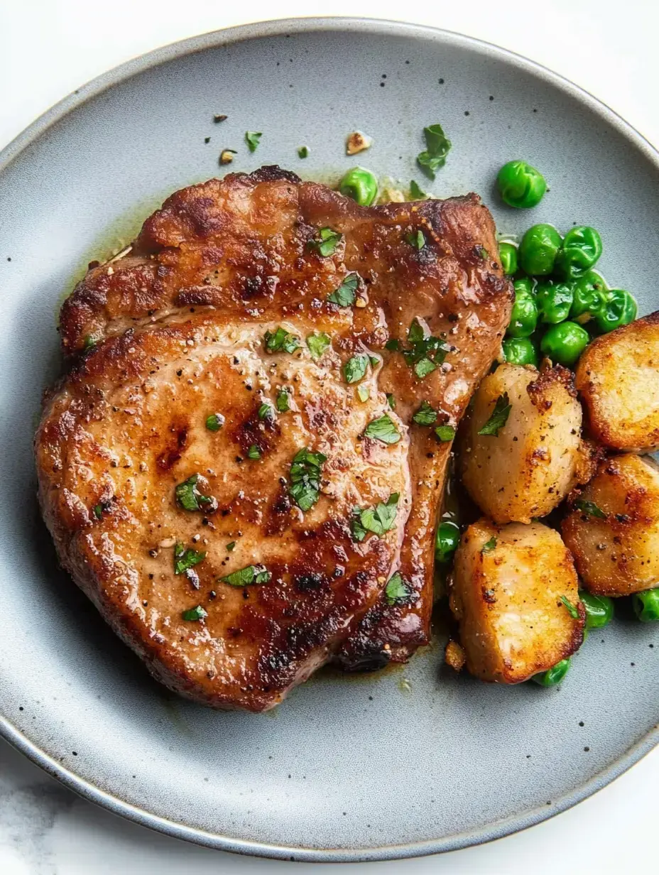 A plate of cooked pork chop garnished with chopped herbs, accompanied by green peas and golden-brown roasted potatoes.