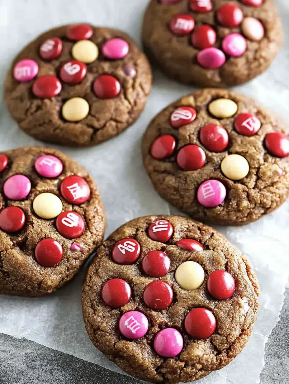 A close-up of chocolate cookies topped with colorful candy-coated chocolates arranged in a decorative pattern.