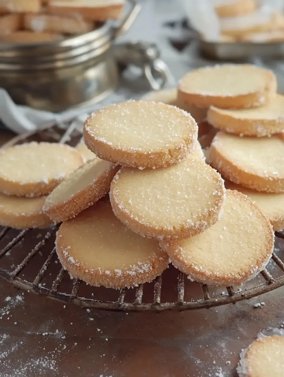 A pile of round, sugared cookies is displayed on a wire rack.