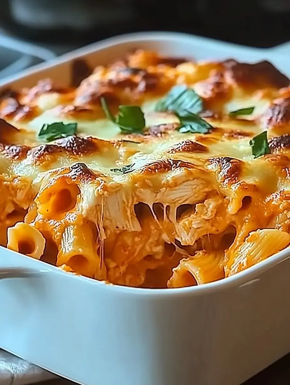 A close-up of a cheesy baked pasta dish, garnished with green herbs, in a white serving dish.