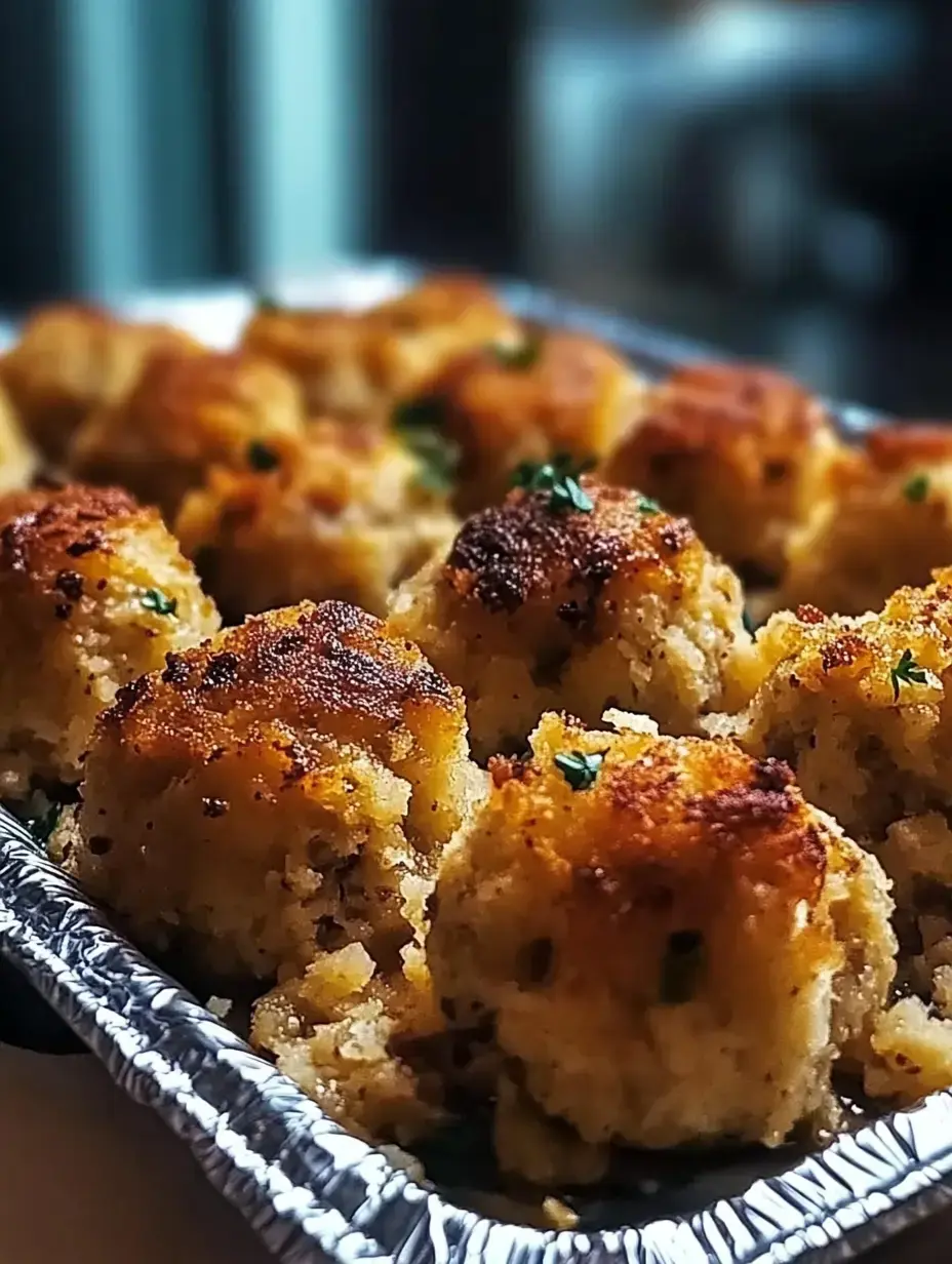 A close-up view of golden-brown, crispy stuffing balls garnished with green herbs in a foil tray.