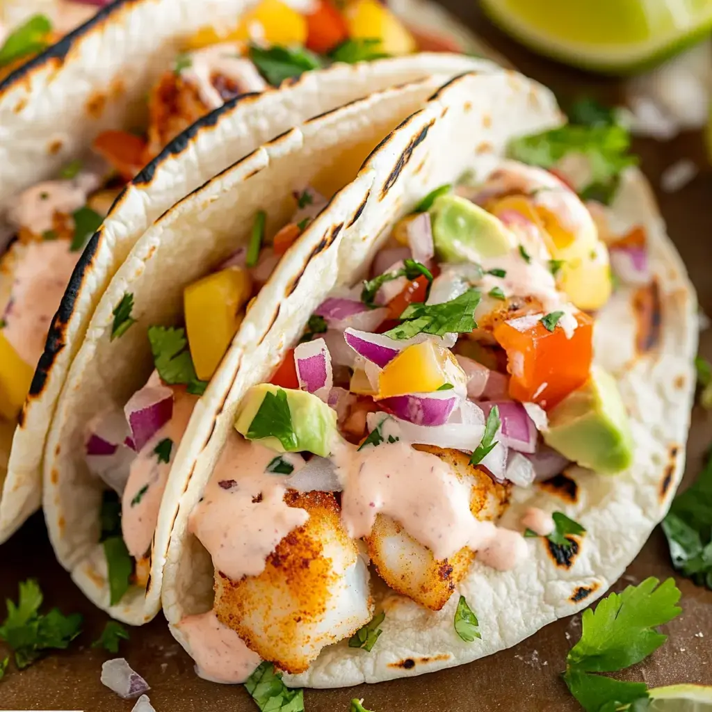 Three soft tacos filled with seasoned fish, fresh vegetables, and a drizzle of sauce, garnished with cilantro, served on a wooden platter.