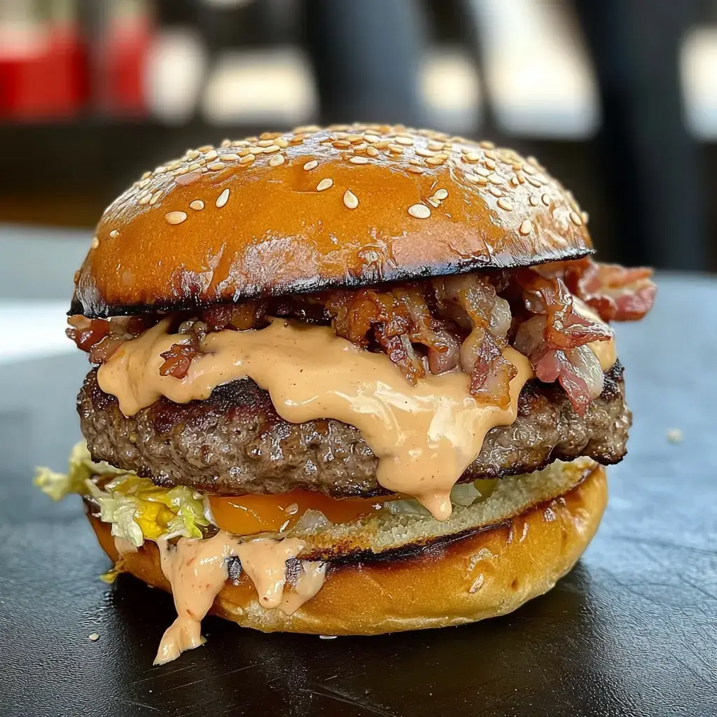 A close-up of a juicy hamburger with a sesame seed bun, melted cheese, bacon, and a creamy sauce, sitting on a dark surface.