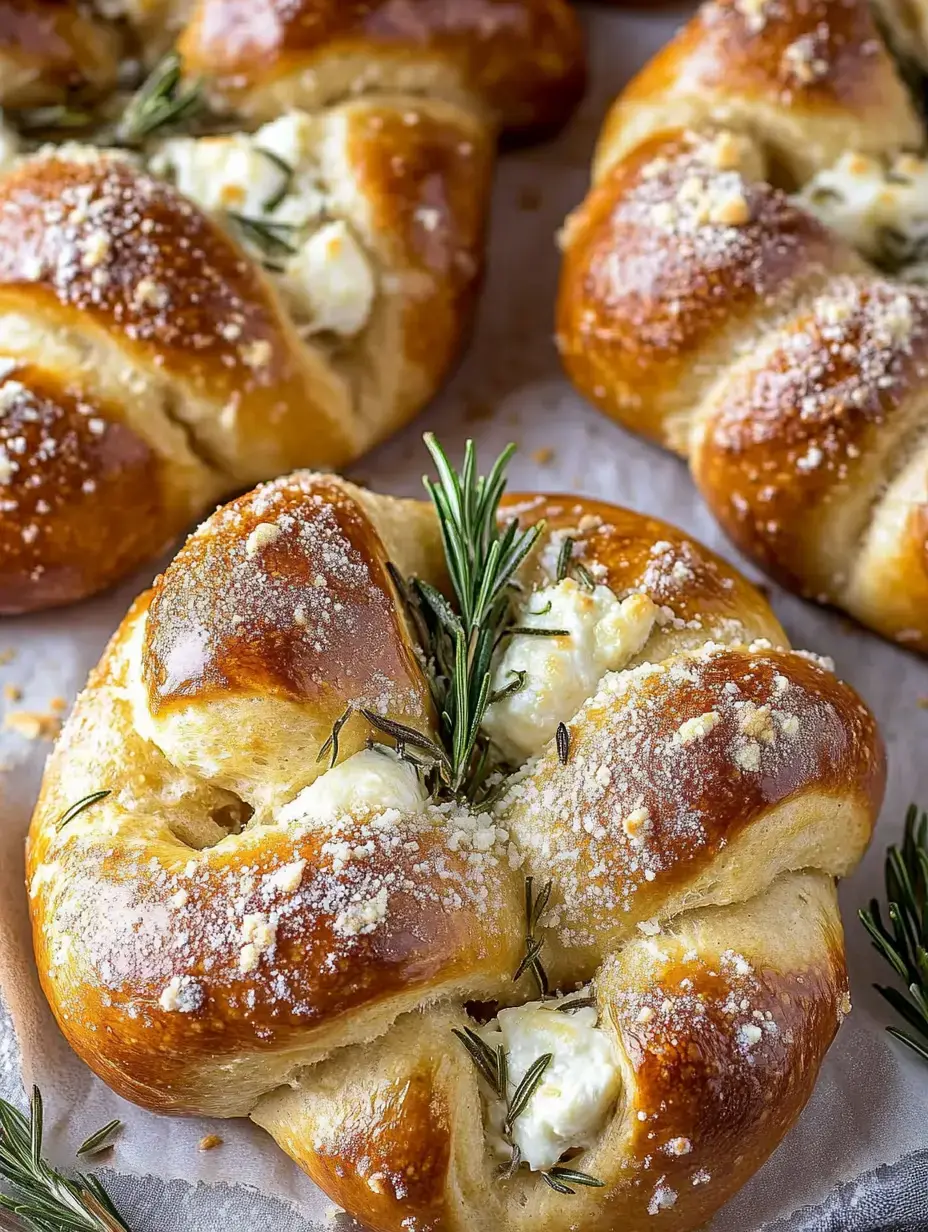 Freshly baked pretzel knots filled with soft cheese and garnished with sprigs of rosemary.