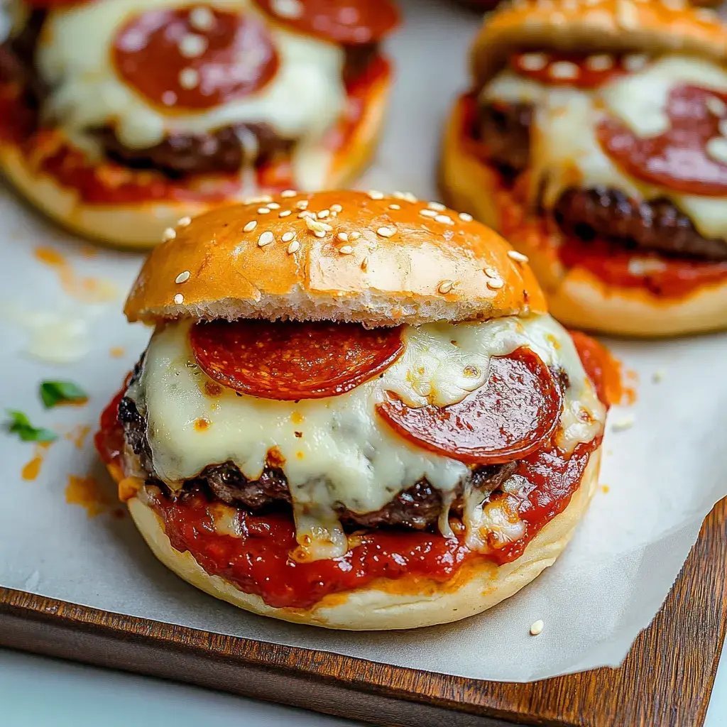 A close-up of a juicy hamburger topped with melted cheese and pepperoni, served on a sesame seed bun with marinara sauce.