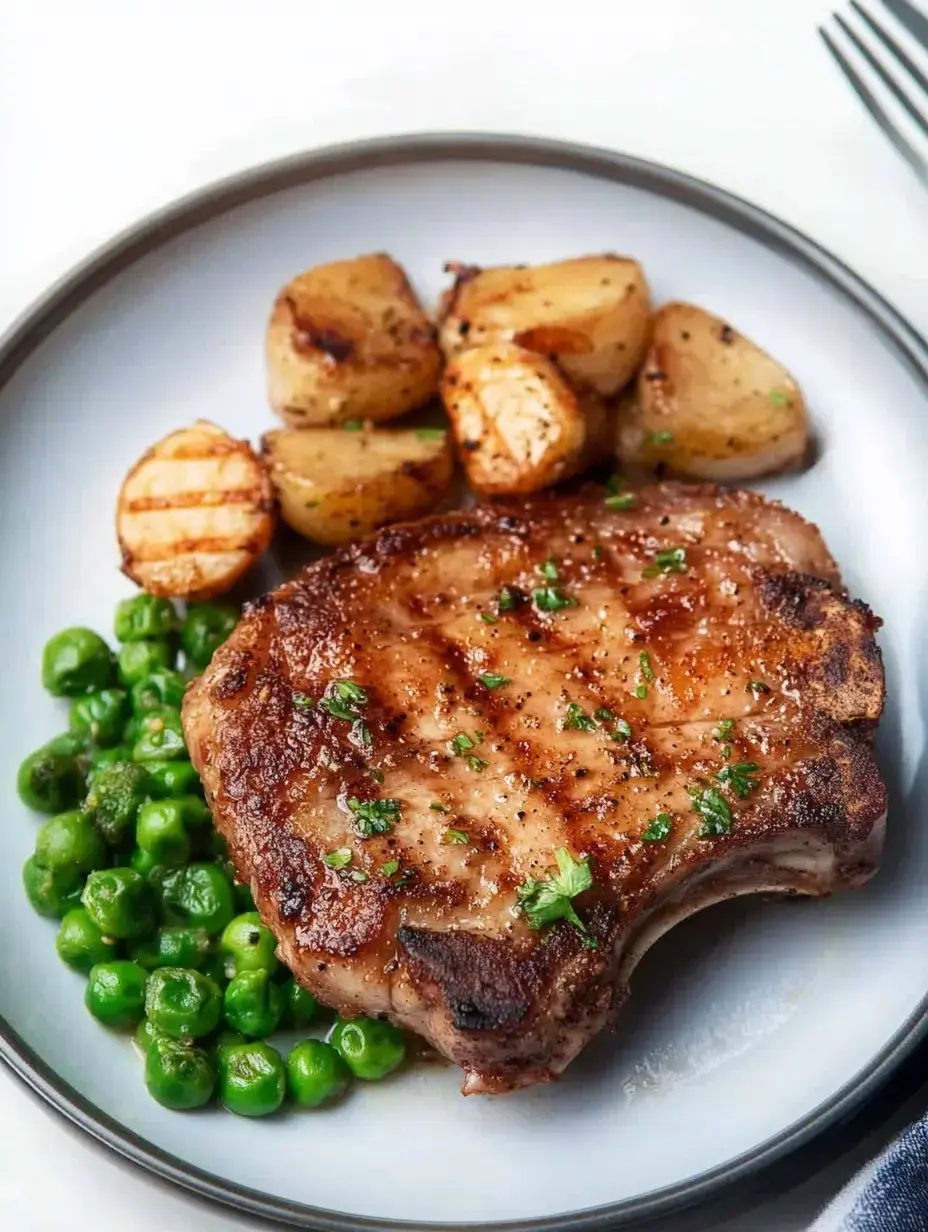 A grilled pork chop is served on a plate with green peas and roasted potatoes.