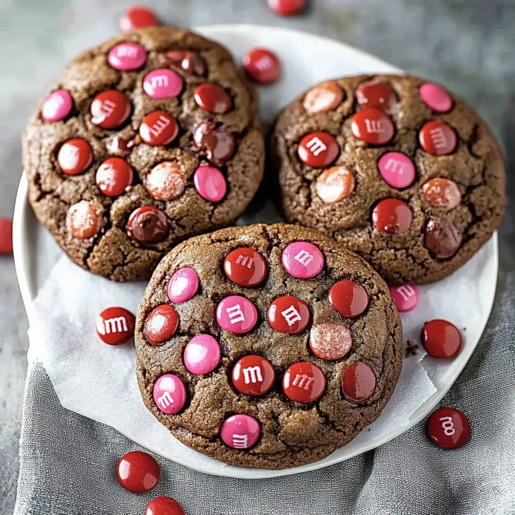 Three large chocolate cookies topped with red and pink candy-coated chocolate pieces on a white plate.