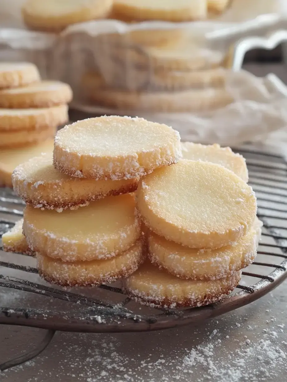 A stack of round, sugar-coated cookies resting on a wire rack, with more cookies arranged in the background.