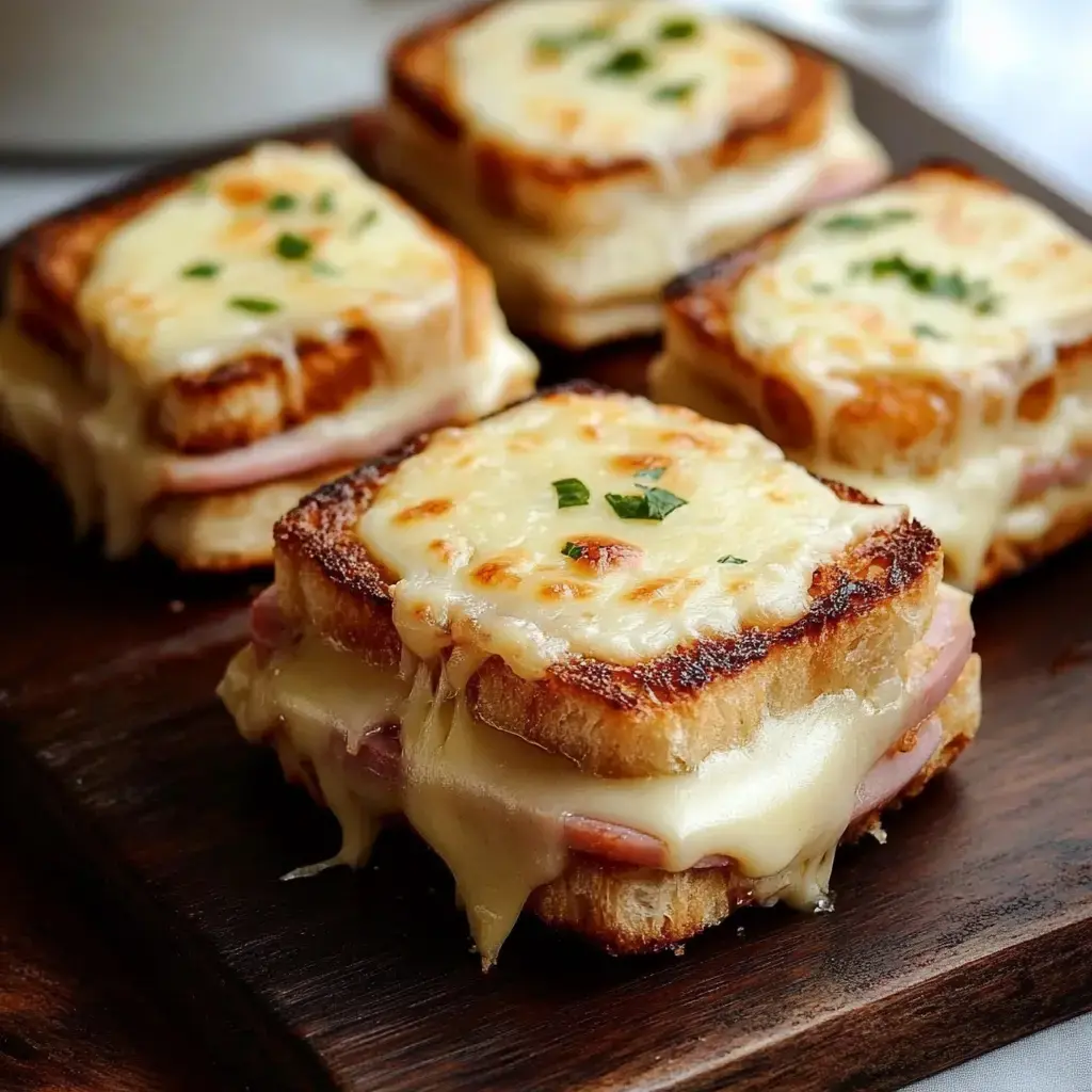 A close-up of grilled sandwiches with melted cheese and ham, garnished with parsley, served on a wooden platter.