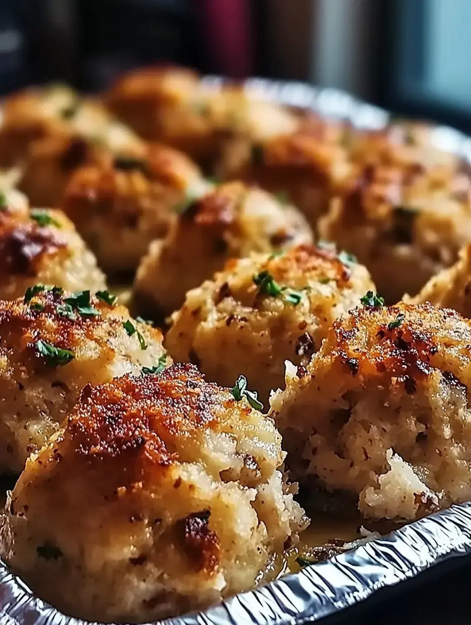 A close-up view of golden-brown stuffed bread balls garnished with green herbs in a metal tray.