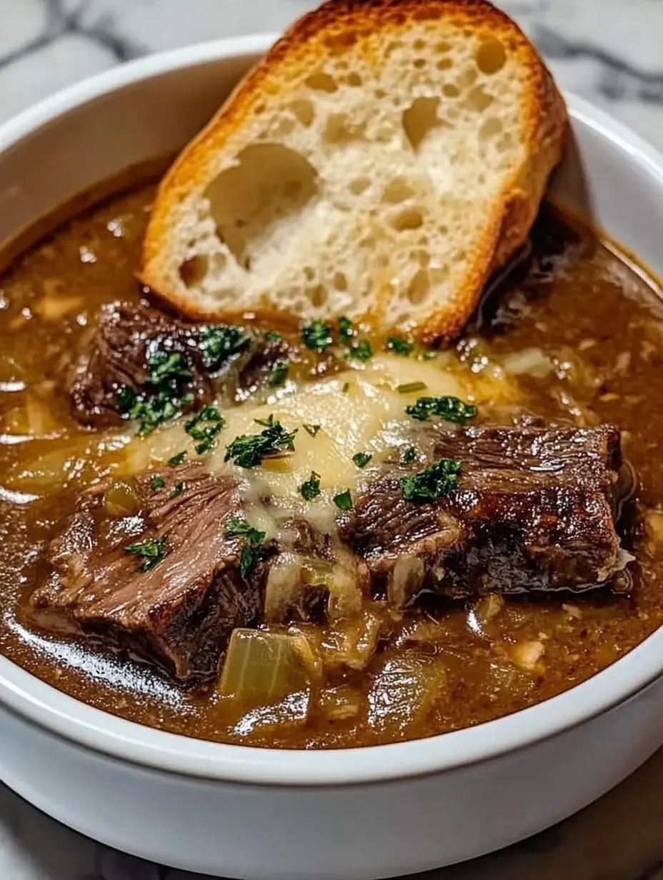 A bowl of hearty beef stew garnished with parsley and cheese, accompanied by a slice of toasted bread.