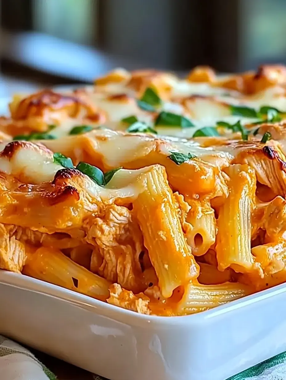 A close-up of a creamy pasta bake with rigatoni, shredded chicken, and melted cheese, garnished with fresh herbs, served in a white dish.