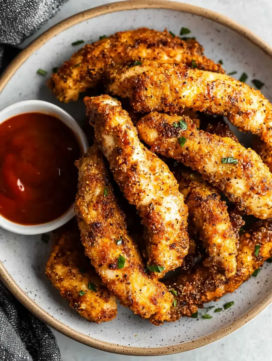 A plate of crispy, golden-brown chicken tenders garnished with green herbs, accompanied by a small bowl of dipping sauce.