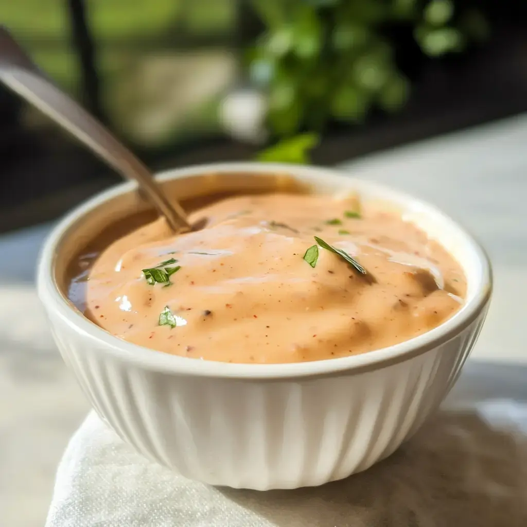 A white bowl filled with creamy, orange sauce garnished with small green herbs and a spoon resting inside.